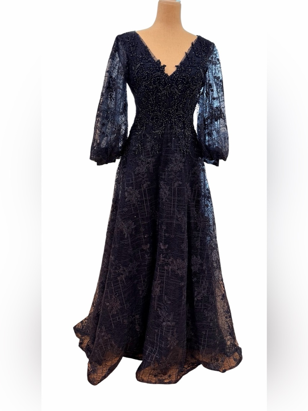 Mac Duggal NWT Navy Beaded Lace Evening Gown Long Sleeve Formal Maxi Dress